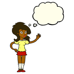 cartoon pretty woman waving for attention with thought bubble
