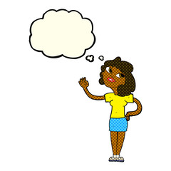 cartoon woman waving  with thought bubble
