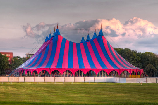 big top festival tent in red blue green