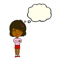 cartoon happy woman with folded arms with thought bubble