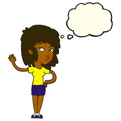 cartoon pretty woman waving with thought bubble