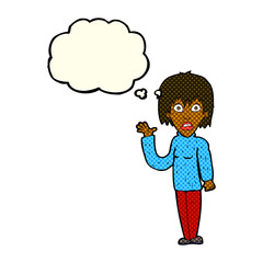 cartoon shocked woman waving hand with thought bubble