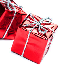 Christmas ornaments with Red gift box and balls  isolated on whi