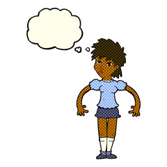 cartoon curious woman with thought bubble