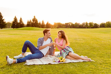 Cheers! Young man and woman at picnic