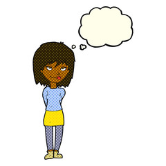 cartoon happy woman with thought bubble