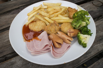 Western style breakfast on the white plate