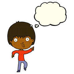 Obraz na płótnie Canvas cartoon impressed boy pointing with thought bubble