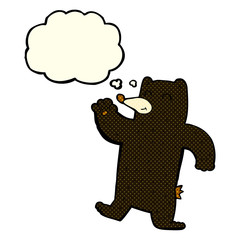 cartoon waving black bear with thought bubble
