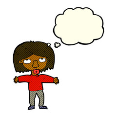 cartoon girl looking upwards with thought bubble