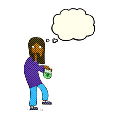 cartoon hippie man with bag of weed with thought bubble