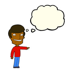 cartoon happy man pointing with thought bubble