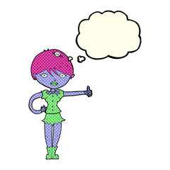 cartoon vampire girl giving thumbs up symbol with thought bubble