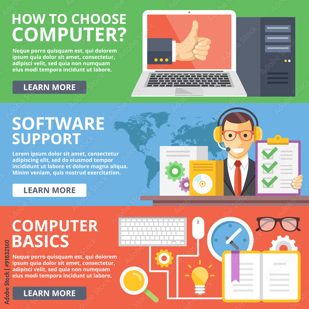 Poster how to choose computer, software support, computer basics flat illustration concepts set