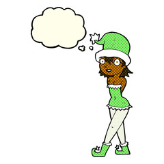 cartoon woman in christmas elf costume with thought bubble