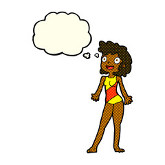 cartoon woman in swimming costume with thought bubble