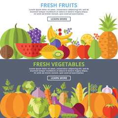 Fresh fruits and vegetables flat illustration concepts set