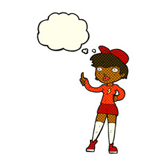 cartoon skater girl giving thumbs up symbol with thought bubble