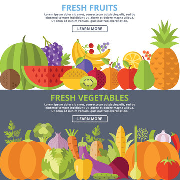 Fresh Fruits And Vegetables Flat Illustration Concepts Set