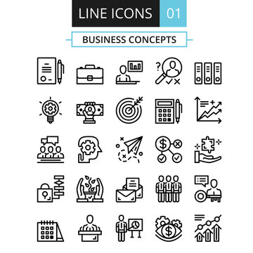 Thin line icons set. Flat design concept for business, digital marketing, team management, business presentation, corporate strategy, progress. Vector icons set, outline pictograms collection. Set 1