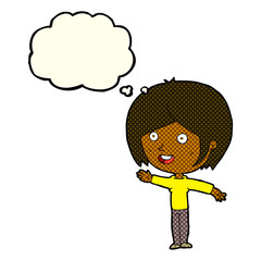 cartoon happy girl waving with thought bubble