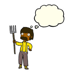 cartoon farmer with pitchfork with thought bubble