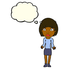cartoon woman shrugging shoulders with thought bubble