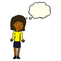 cartoon woman shrugging shoulders with thought bubble