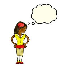 cartoon intelligent woman with thought bubble