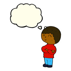 cartoon boy with folded arms with thought bubble