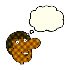 cartoon happy male face with thought bubble