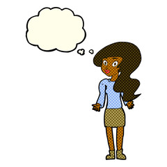 cartoon woman shrugging shoulders with thought bubble