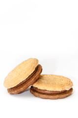 Chocolate sandwich cookies on a white background