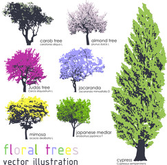 Set of floral trees silhouettes. Vector illustration