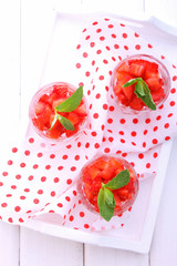 dessert of strawberries decorated with mint leaves on a white background