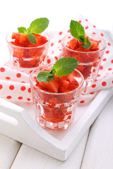 dessert of strawberries decorated with mint leaves on a white background