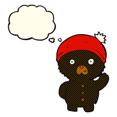 cartoon waving black teddy bear in winter hat with thought bubbl