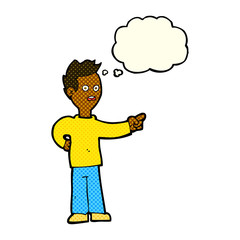 cartoon shocked boy pointing with thought bubble