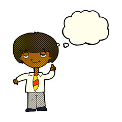 cartoon school boy answering question with thought bubble