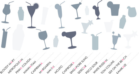 Cocktails silhouettes set background with popular names. Vector illustration