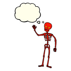 cartoon waving skeleton with thought bubble