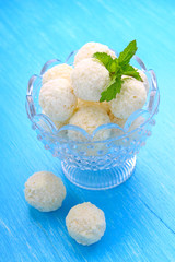 chocolate candies in coconut flakes