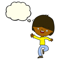 cartoon happy boy dancing with thought bubble