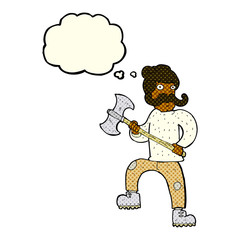 cartoon man with axe with thought bubble