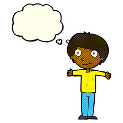 cartoon happy boy with open arms with thought bubble
