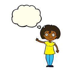 cartoon happy woman pointing with thought bubble