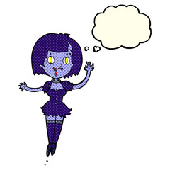 cartoon happy vampire girl with thought bubble