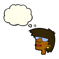 cartoon female face with glasses with thought bubble