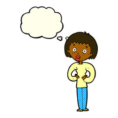 cartoon woman gesturing at self with thought bubble