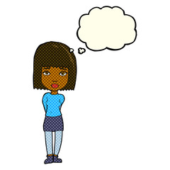 cartoon serious girl with thought bubble